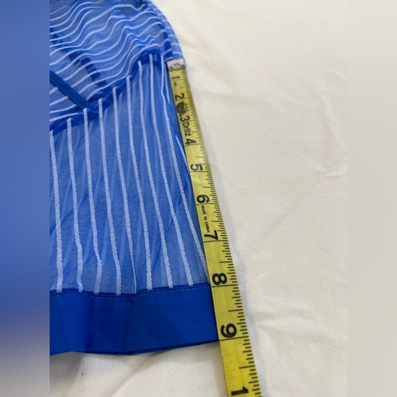 C Yard Blue Sheer Striped Button Front Peplum Top, Size Large - Picture 6 of 12